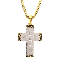 Steel Clear CZ Gem Gold Black Edge Cross Pendant 22"