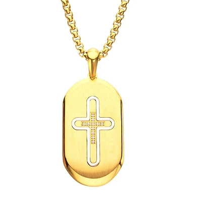 18Kt Gold IP Steel Clear CZ Inlay Cross Dogtag 22"