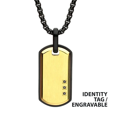 18Kt Gold IP Steel Tag Pendant w/ 3 Black Spinel 22"