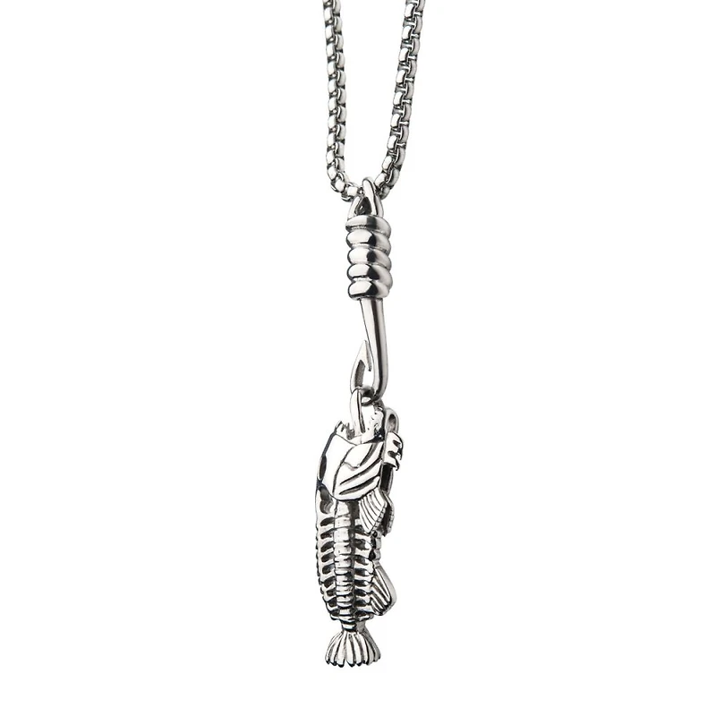 Polished Steel Fishbone Pendant with Hook &  24" Box Chain