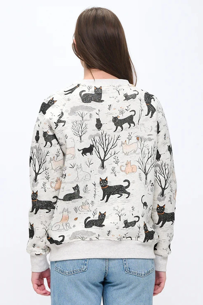 Whimsical Cat Forest Print Sweatshirt