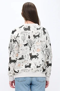 Whimsical Cat Forest Print Sweatshirt