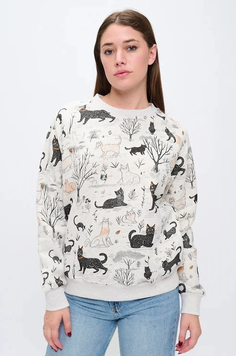 Whimsical Cat Forest Print Sweatshirt
