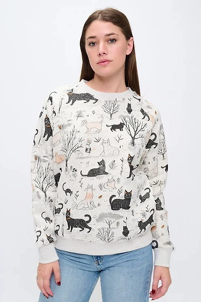 Whimsical Cat Forest Print Sweatshirt