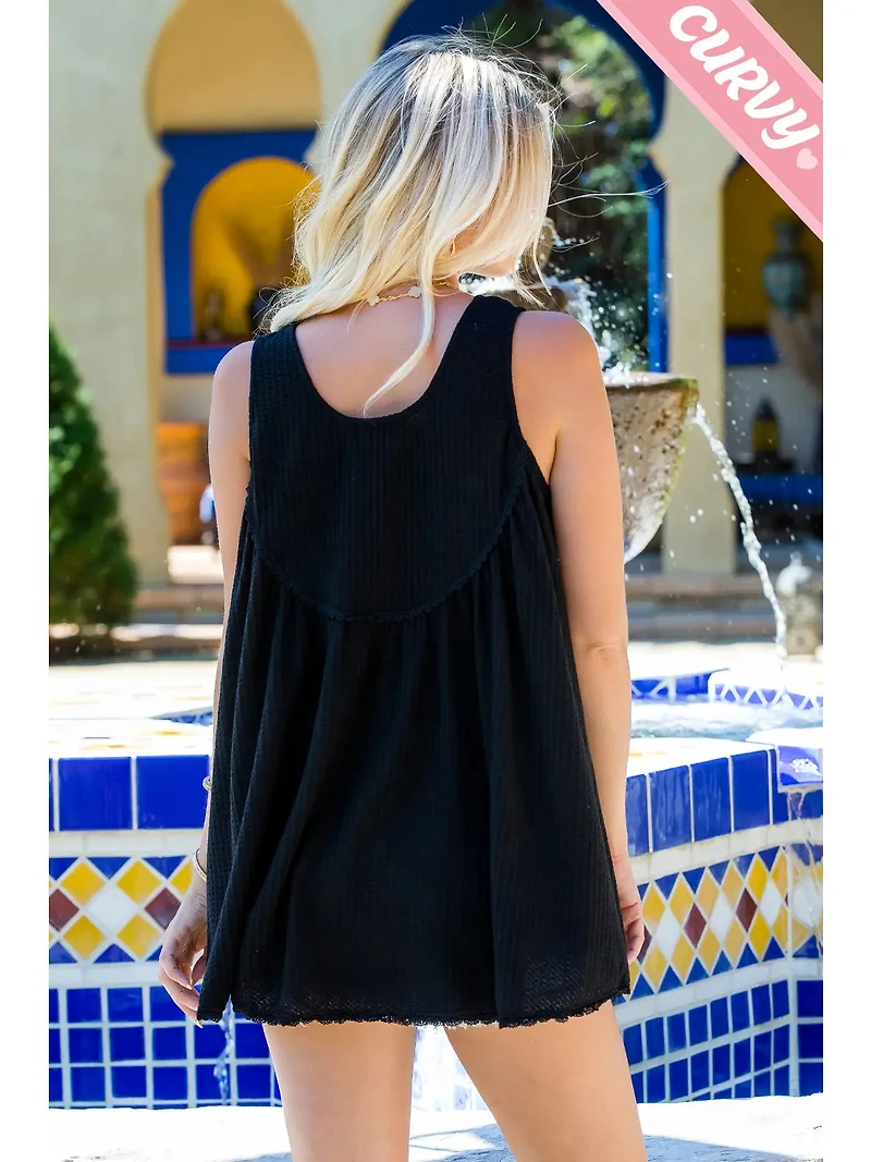 Black Plus Lace Trim Button Tank