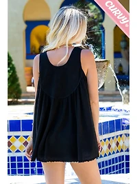 Black Plus Lace Trim Button Tank