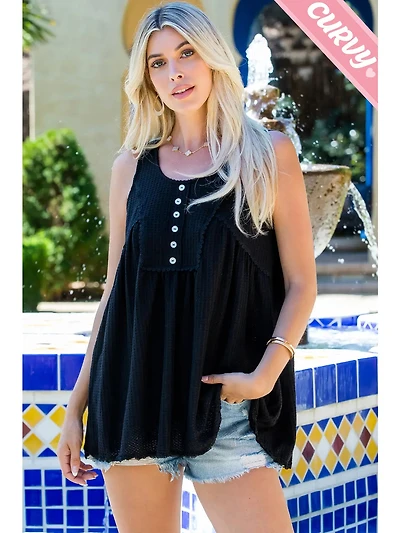 Black Plus Lace Trim Button Tank