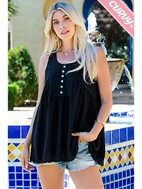 Black Plus Lace Trim Button Tank
