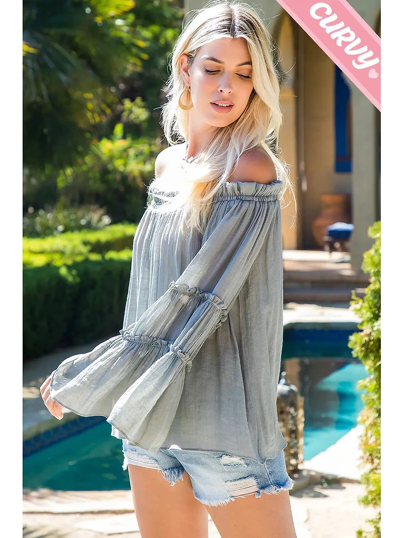 Grey Plus Off Shoulder Tiered Sleeve Top