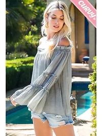 Grey Plus Off Shoulder Tiered Sleeve Top