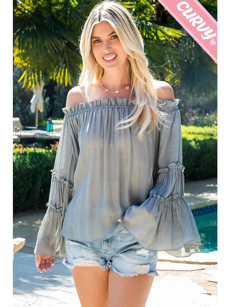 Grey Plus Off Shoulder Tiered Sleeve Top
