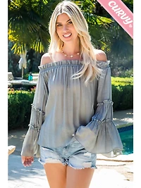 Grey Plus Off Shoulder Tiered Sleeve Top