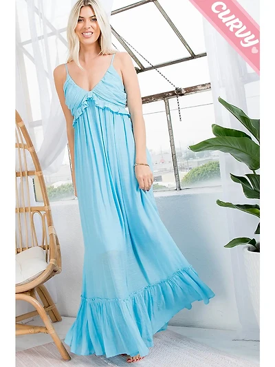 Sky Blue Plus Ruffle V Neck Maxi Dress