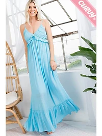 Sky Blue Plus Ruffle V Neck Maxi Dress