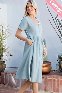 Misty Blue Plus Button Down Midi Dress