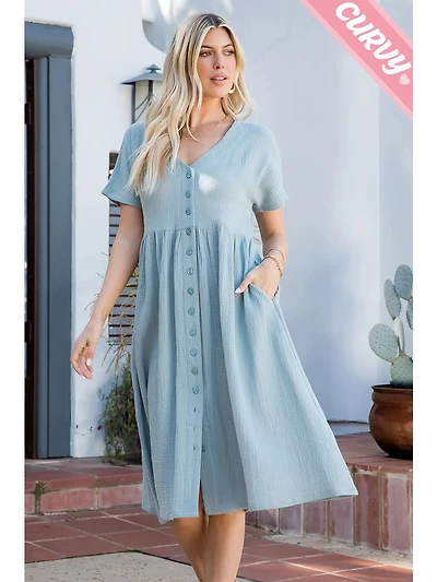 Misty Blue Plus Button Down Midi Dress