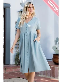 Misty Blue Plus Button Down Midi Dress