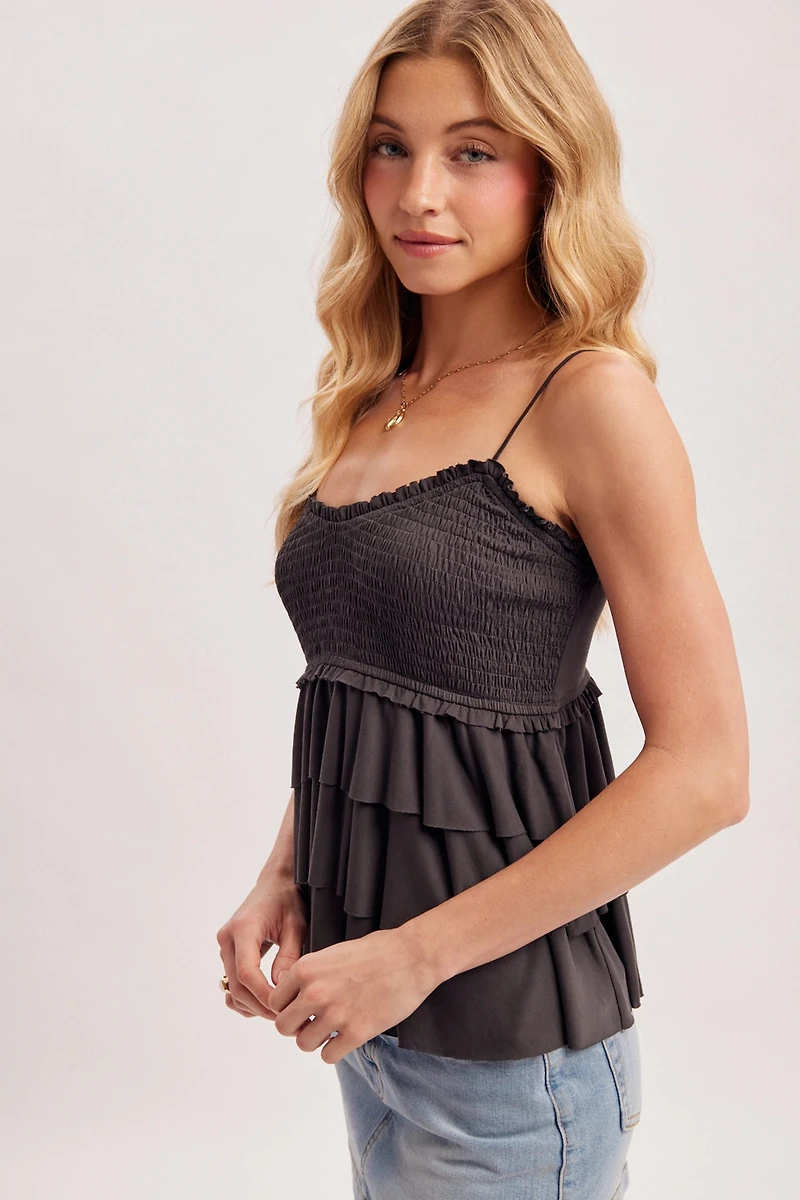 Smocked Tiered Ruffle Babydoll Cami
