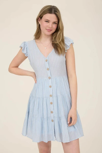 Blue Striped V Neck Button Down Mini Dress