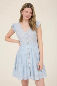 Blue Striped V Neck Button Down Mini Dress