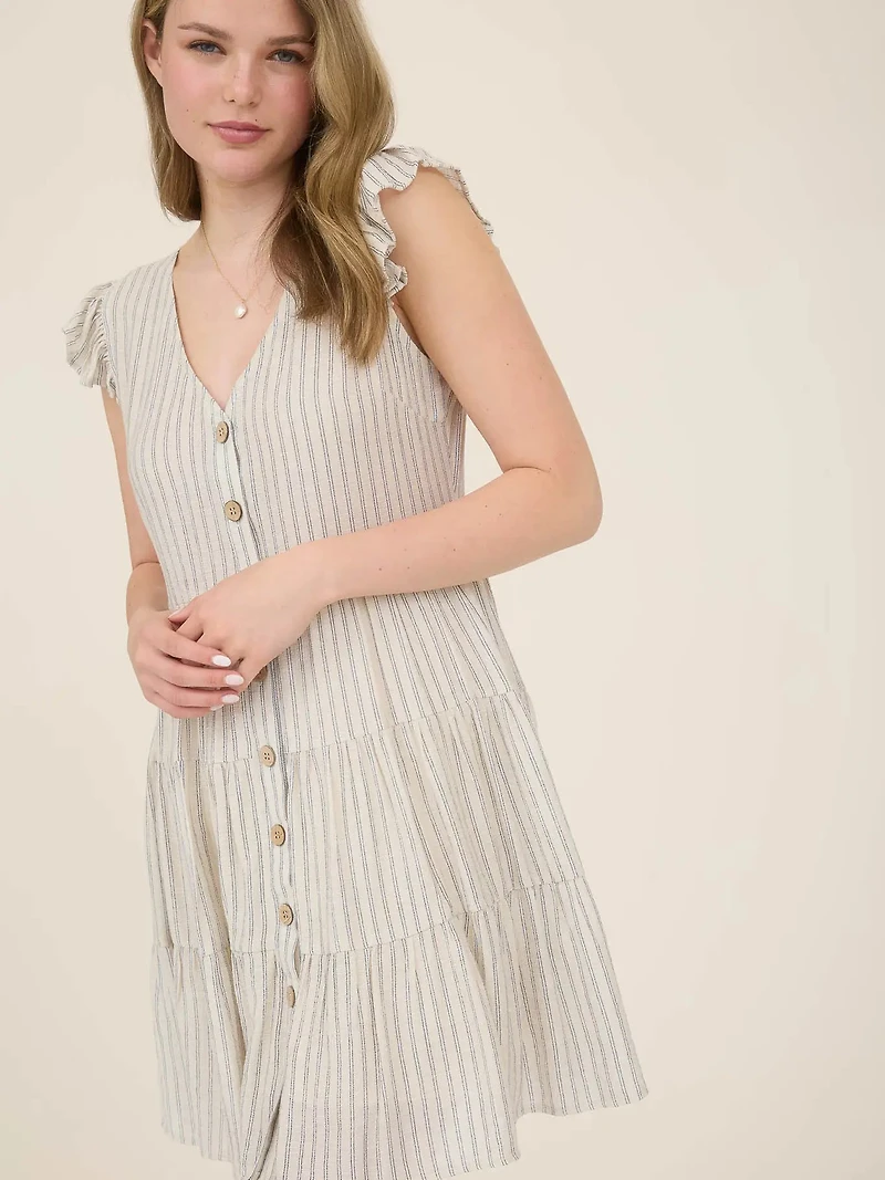 Stripe V Neck Button Down Tiered Mini Dress