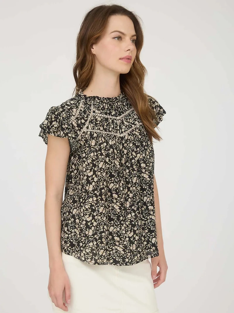 Black Floral Lace Yoke Trim Ruffle Detail Short Sleeve Top