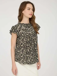 Black Floral Lace Yoke Trim Ruffle Detail Short Sleeve Top