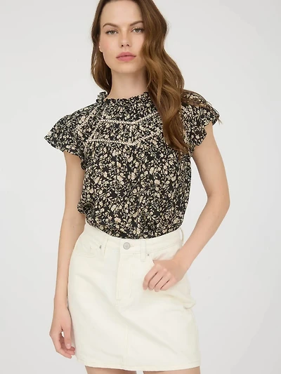 Black Floral Lace Yoke Trim Ruffle Detail Short Sleeve Top