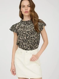 Black Floral Lace Yoke Trim Ruffle Detail Short Sleeve Top