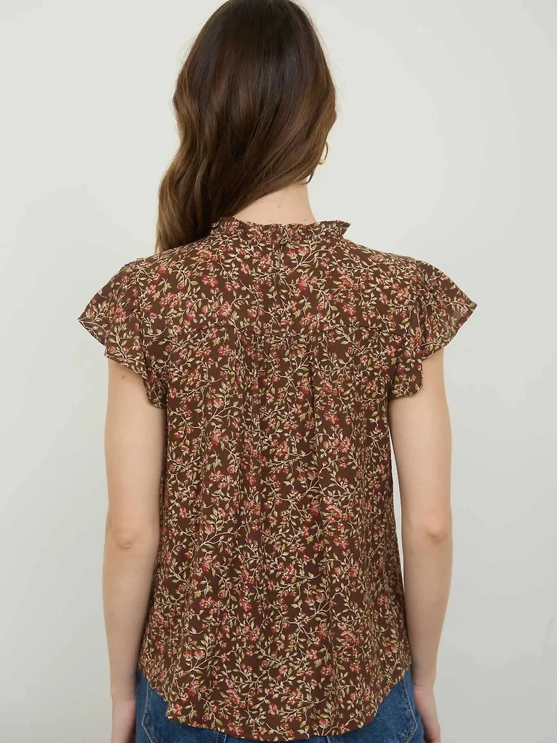 Brown Multi Floral Lace Yoke Trim Ruffle Detail Short Sleeve Top
