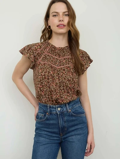 Brown Multi Floral Lace Yoke Trim Ruffle Detail Short Sleeve Top