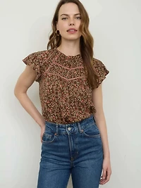 Brown Multi Floral Lace Yoke Trim Ruffle Detail Short Sleeve Top