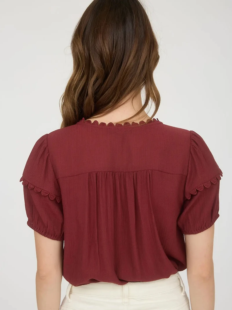 Brick Scallop Trim Front Tie Detail Puff Sleeve Top