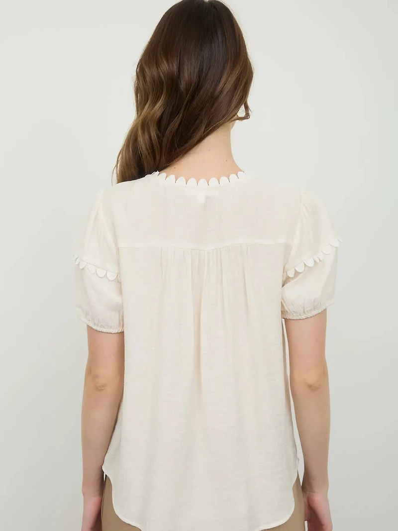 Ivory Scallop Trim Front Tie Detail Puff Sleeve Top
