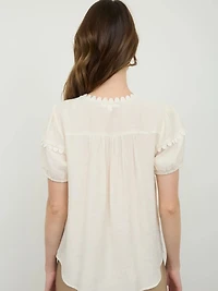 Ivory Scallop Trim Front Tie Detail Puff Sleeve Top