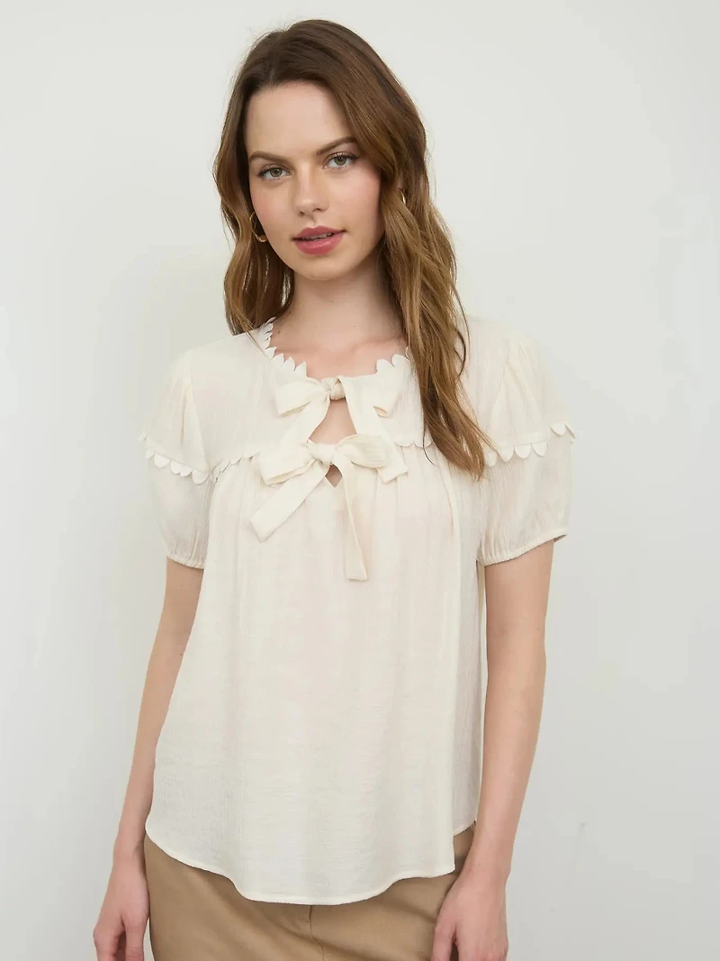 Ivory Scallop Trim Front Tie Detail Puff Sleeve Top