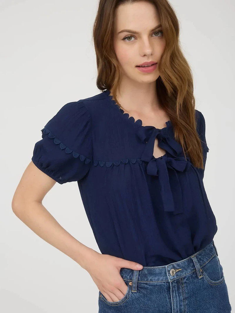 Navy Scallop Trim Front Tie Detail Puff Sleeve Top