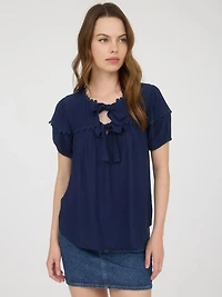 Navy Scallop Trim Front Tie Detail Puff Sleeve Top