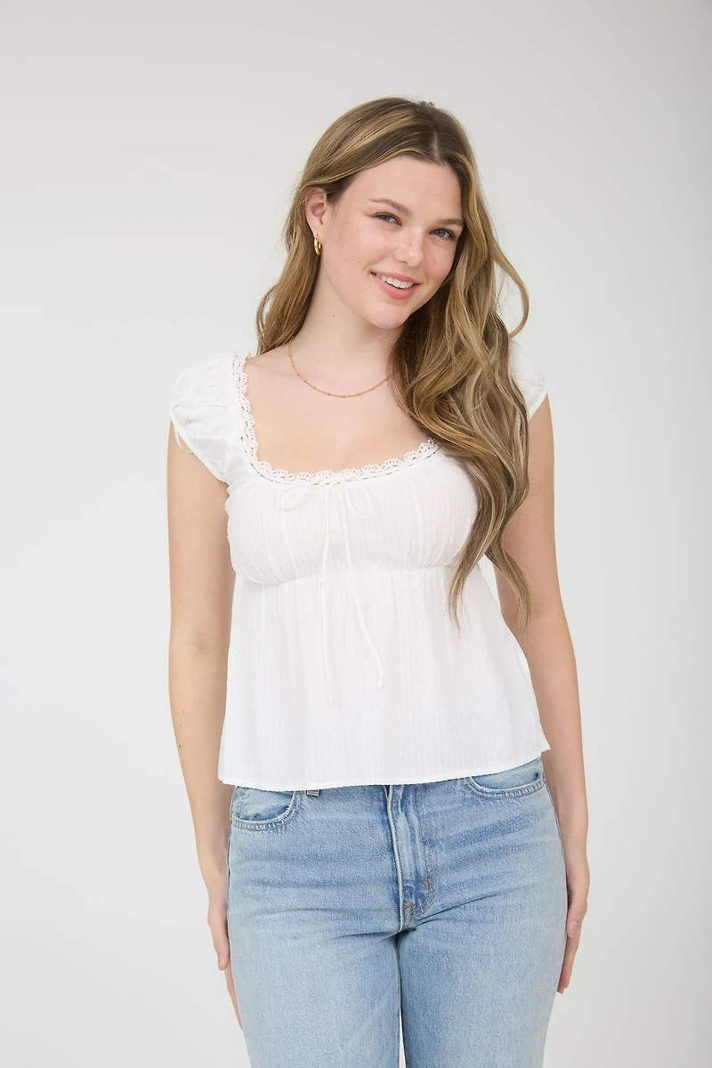 Striped Short Sleeve Top Wtih Lace Trim