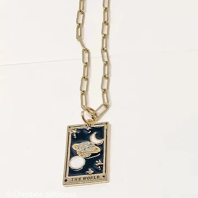Tarot Card Necklace-The World- Steel Enamel Glass Paperclip