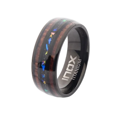 Titanium Ring Wood And Opal Sz11