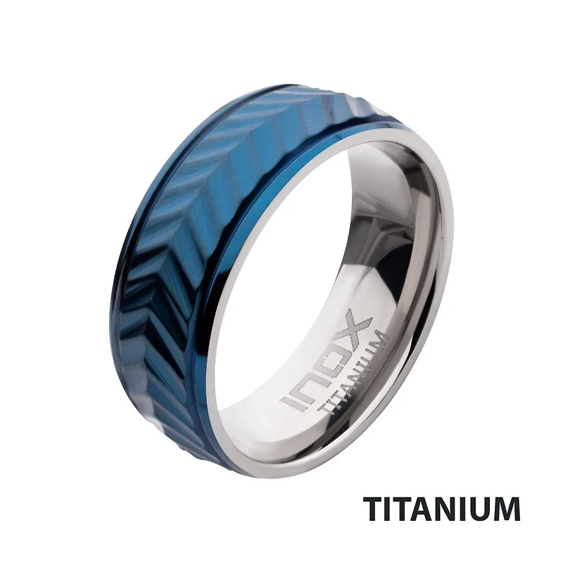 Blue IP Titanium Matte Finish Chevron Ring Size 10