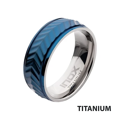 Blue IP Titanium Matte Finish Chevron Ring Size 10