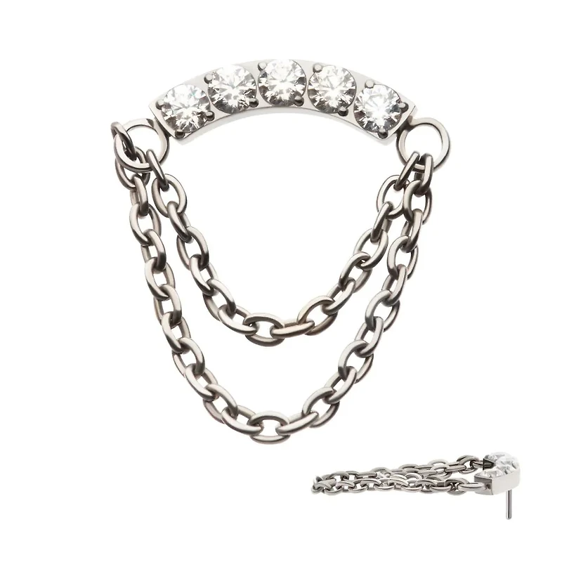 5 CZ Curved Bar With 2 Chains Treadless Top