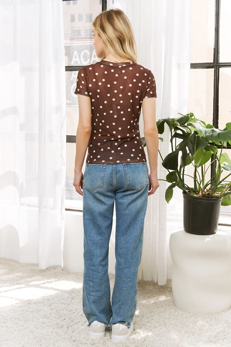 Polka Dot Plus Mesh Print Slim Fit Short Sleeves Top