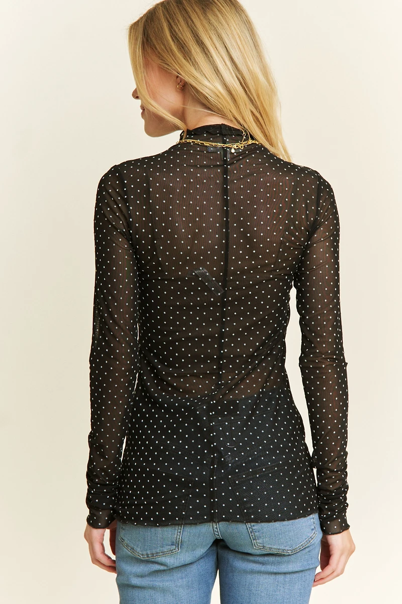 Polka-dot Mesh Long Sleeve Top