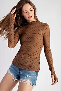 Polka Dot Mesh Long Sleeve Plus Top