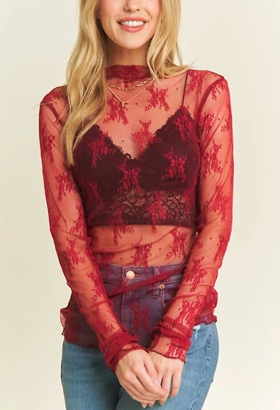 Mesh Lace High Neck Long Sleeve Fitted Top Plus