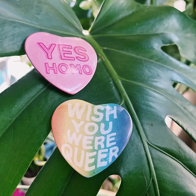 Wish You Were Queer Heart Shape Pin