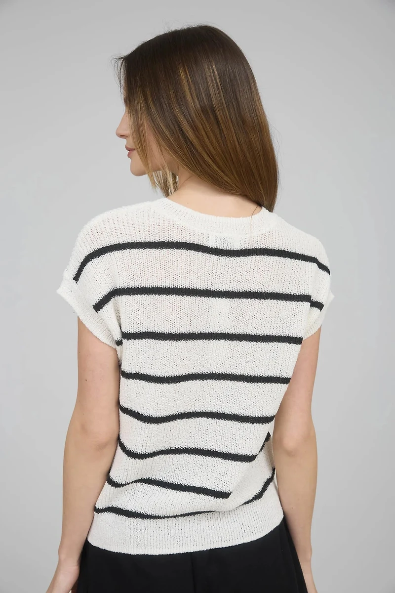 Ivory Striped Extended Shoulder Short Sleeve Sweater